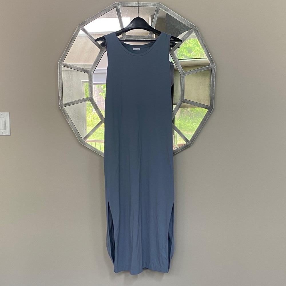 Cuyana Slate Blue Sleeveless Maxi Dress with Side Slits
